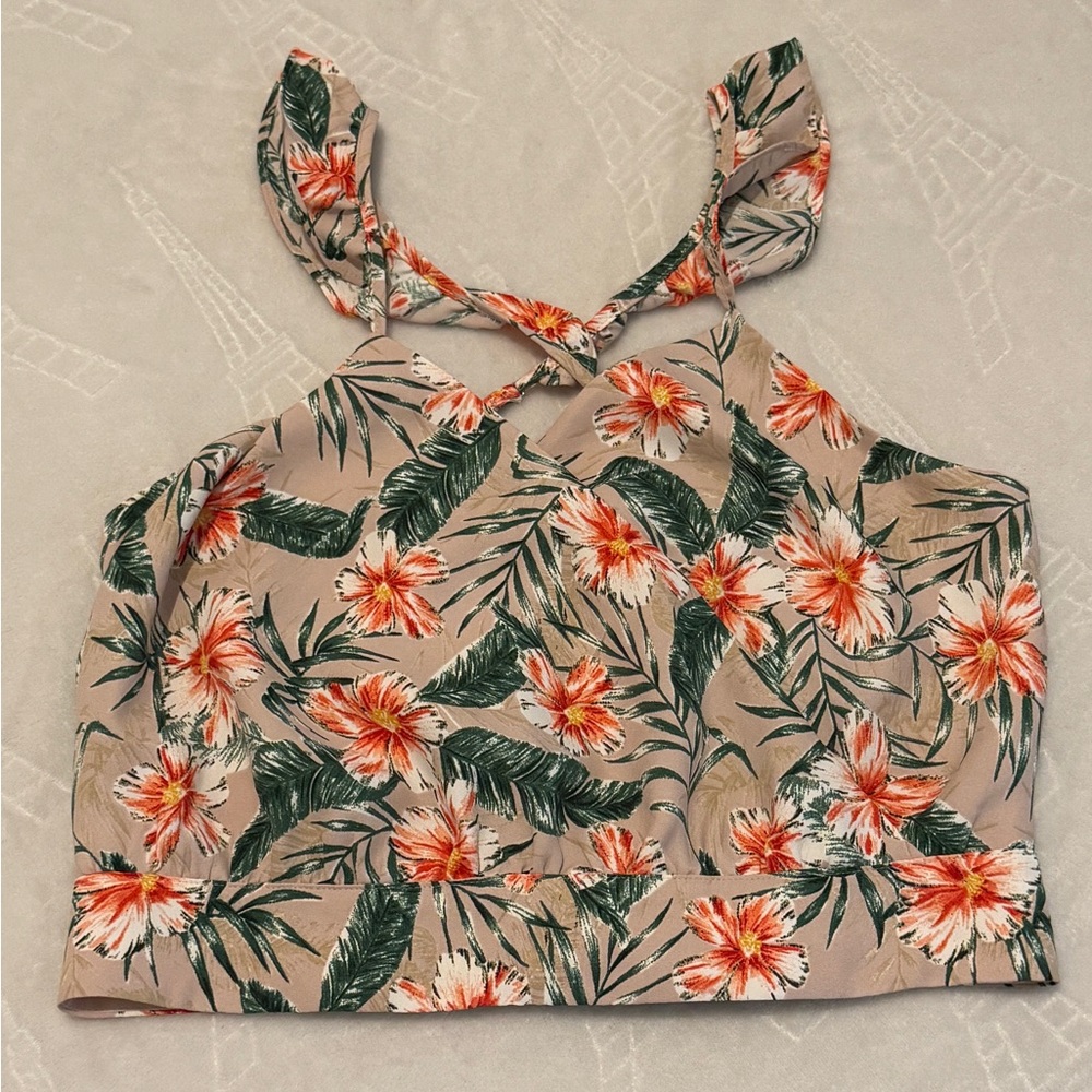 Express Orange and Green Crop Tie Front Tank Top